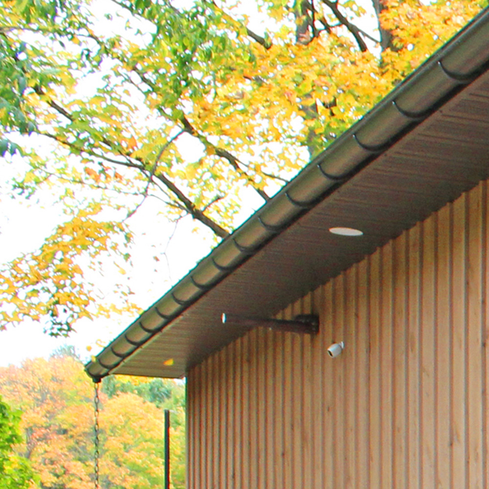 closeup of Wick building roof overhang